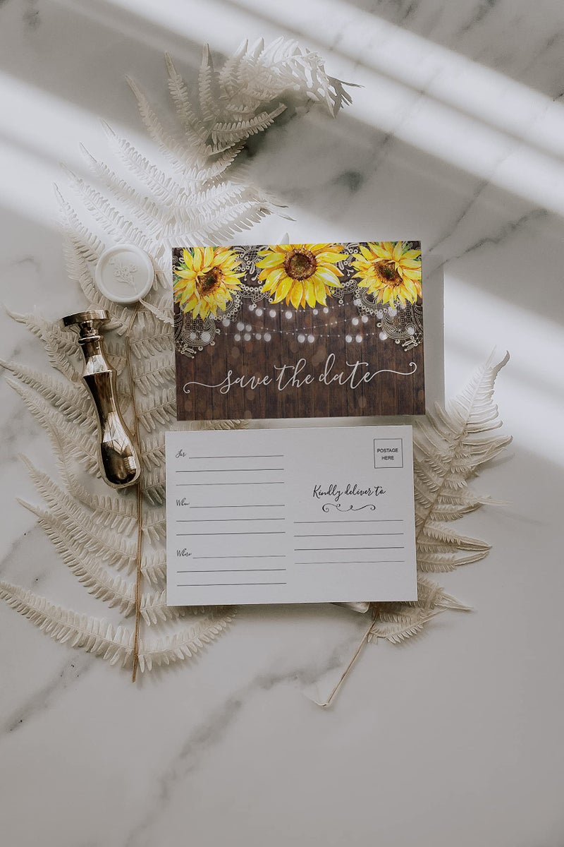 Your Main Event Prints 50 Sunflower Save The Date Cards for Wedding, Engagement, Anniversary, Baby Shower, Birthday Party - Wood Save The Dates Postcard Invitations - 4x6, No Envelopes Needed - Image 5
